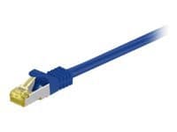 Blue 7.5-meter Cat7 S/FTP networking cable by Microconnect, featuring a sturdy design with a yellow connector and a protective clip for secure connections.