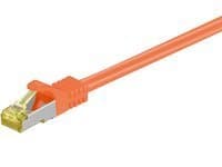 Orange 7.5-meter Cat7 S/FTP networking cable with a durable plastic connector and gold-plated contacts for enhanced performance and reduced interference.