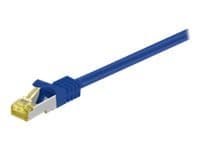 Blue 20-meter Cat7 S/FTP networking cable with a clear plastic connector and a blue rubberized strain relief boot.