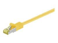 Yellow 30-meter Cat7 S/FTP networking cable with a clear plastic connector, designed for high-speed data transmission and enhanced shielding.