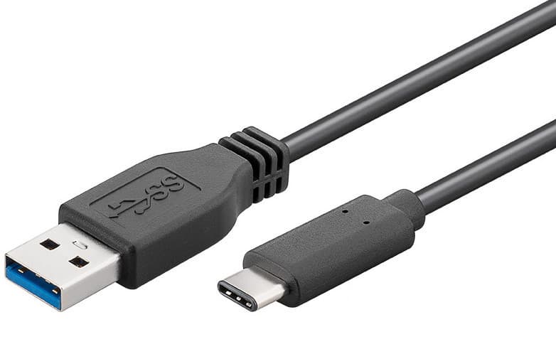 Black Microconnect USB 3.2 cable, 1.5 meters long, featuring a standard USB-A connector on one end and a USB-C connector on the other, with a durable plastic casing.