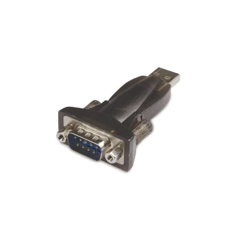 Black Microconnect USB to RS232 gender changer cable with a USB-A connector on one end and a 9-pin D-sub connector on the other, featuring metallic pins and a plastic body.