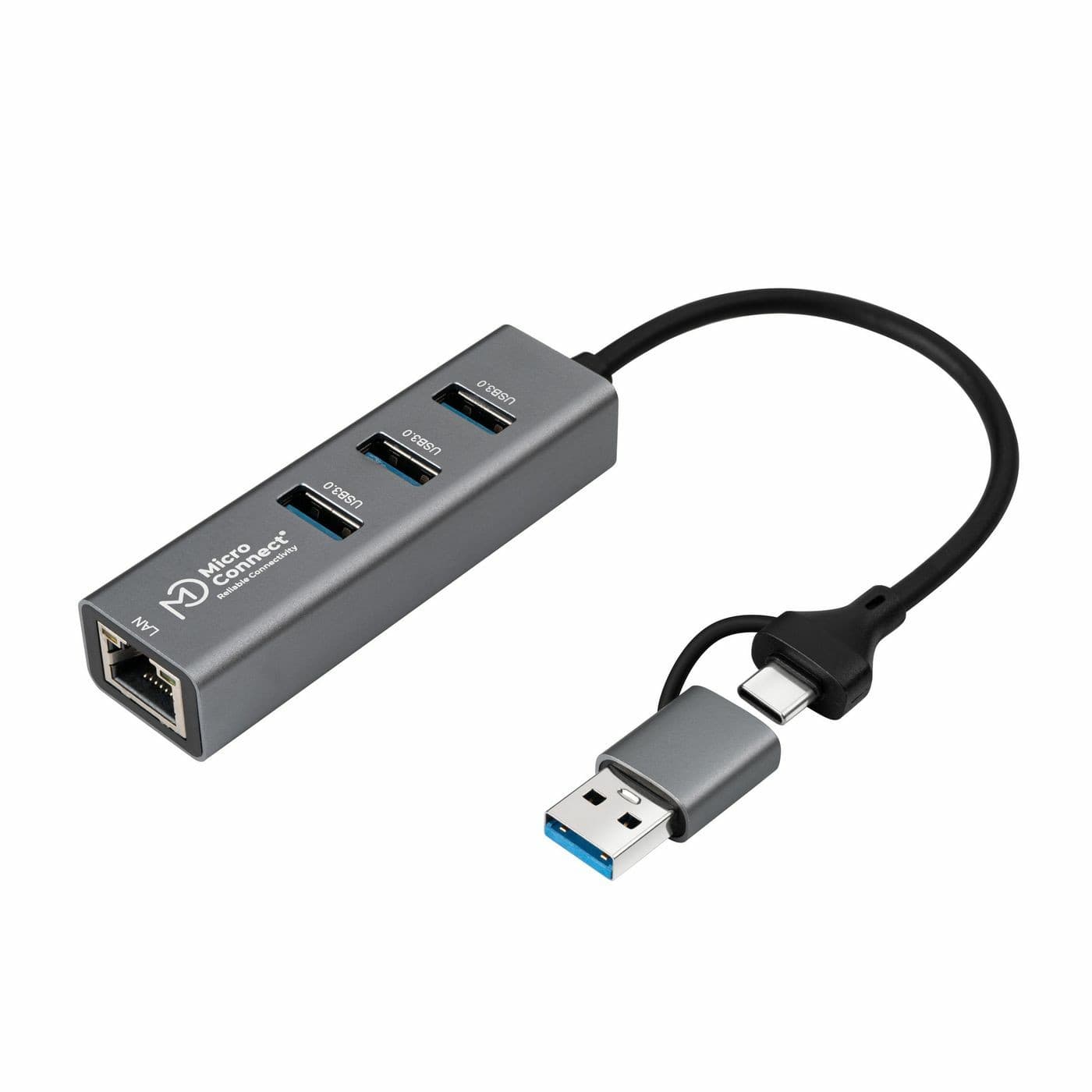 Gray Microconnect USBHUB-RJ45-2IN1 Interface Hub featuring three USB 3.2 Gen 1 ports and an Ethernet port, connected by a flexible black cable.