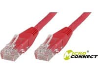 Red 15-meter Cat5e U/UTP networking cable by Microconnect, featuring clear plastic connectors on both ends for reliable Ethernet connections.