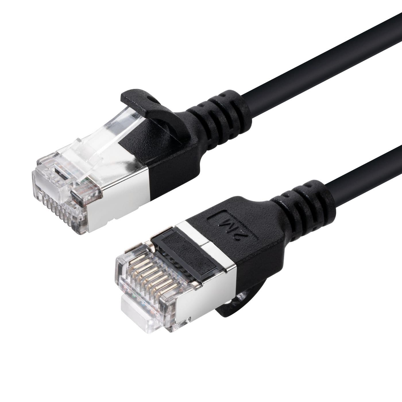 Black 5-meter Cat6a U/FTP networking cable with clear plastic connectors, featuring a slim design and flexible material for easy installation.