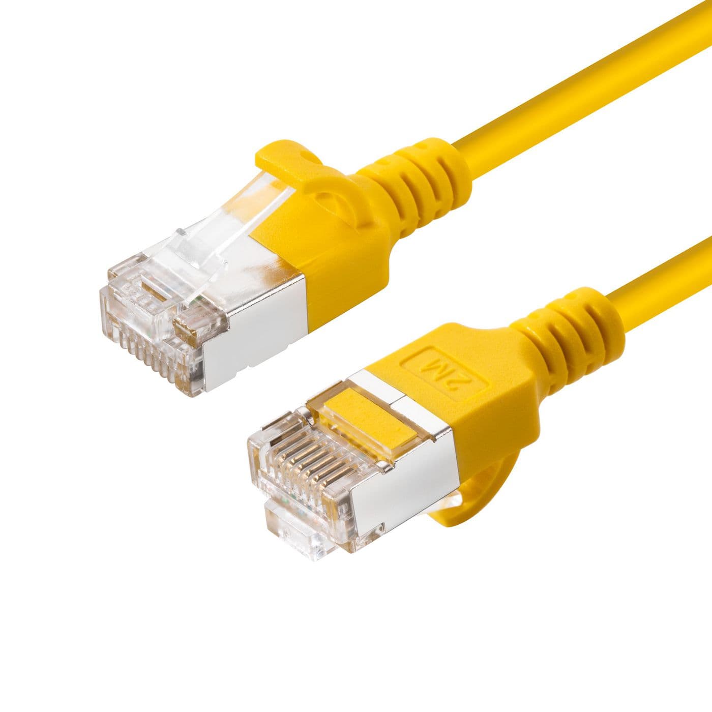 Yellow 7.5-meter Cat6a U/FTP networking cable with transparent connectors, featuring a slim design and clip-on strain relief for secure connections.