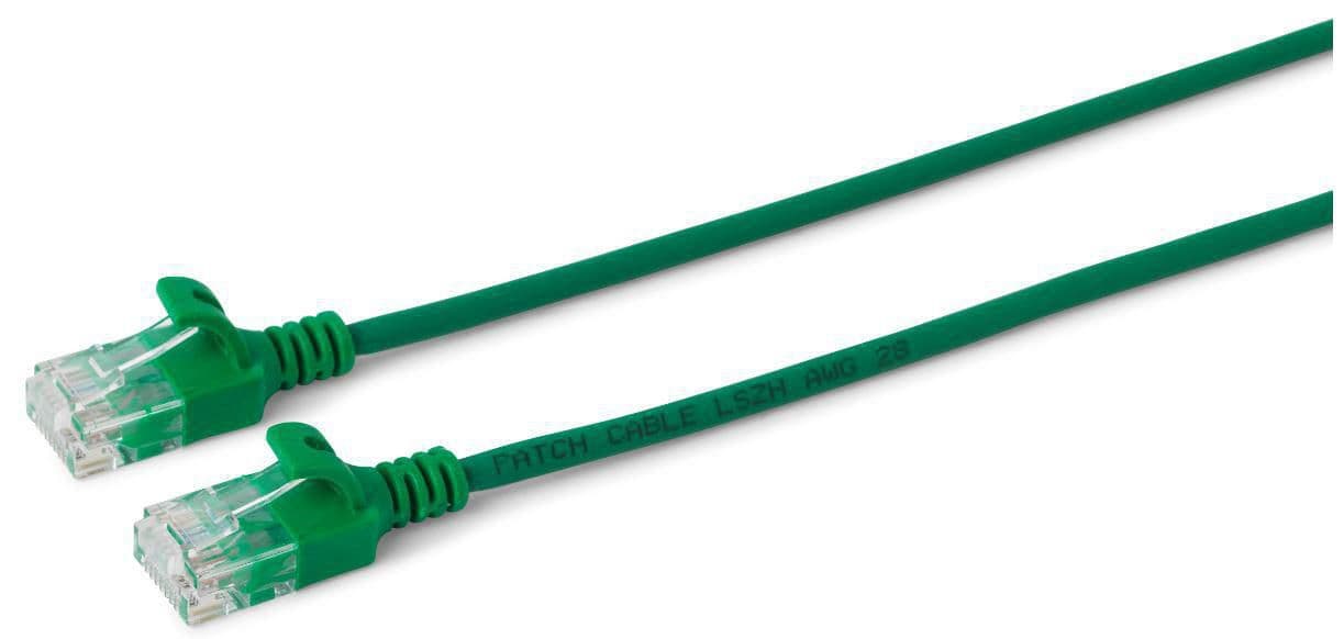 Green 0.15 m Cat6 U/UTP networking cable with transparent connectors, featuring a slim design and labeled as "PATCH CABLE LSZH AWG 28."