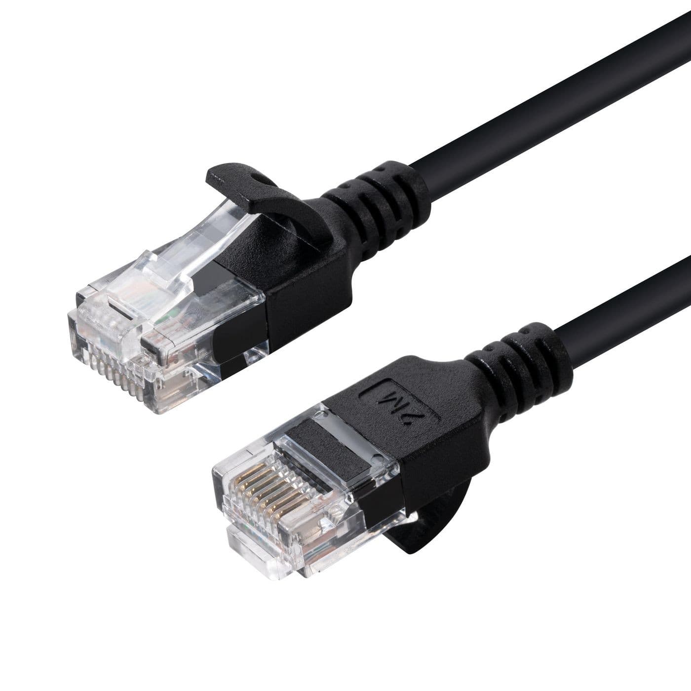 Black networking cable with transparent connectors on each end, featuring a slim design and clip-lock mechanism for secure connections.