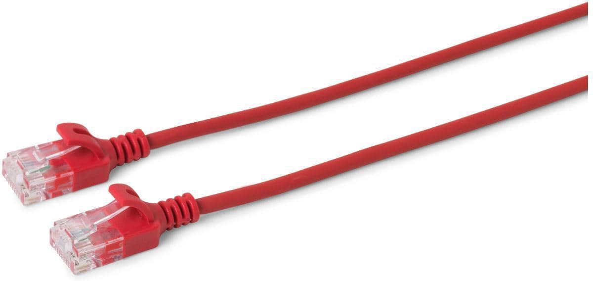 Red Microconnect Cat6a U/UTP networking cable, 3 meters long, featuring slim design with clear plastic connectors on both ends.