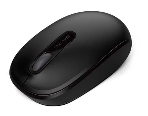 Black Microsoft 1850 ambidextrous RF wireless optical mouse featuring a smooth surface, a central scroll wheel, and a sleek, ergonomic design.