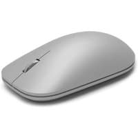 Sleek silver Microsoft Surface Bluetooth mouse with BlueTrack technology and ergonomic design.