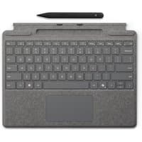 Gray Microsoft Surface Pro Keyboard with QWERTZ layout and matching Slim Pen, featuring a touchpad and fabric finish.