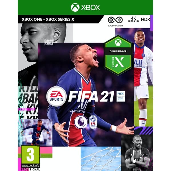 EA Sports FIFA 21 game for Xbox One featuring vibrant cover art with a soccer player in a blue jersey, showcasing the Xbox branding and 4K Ultra HD details.