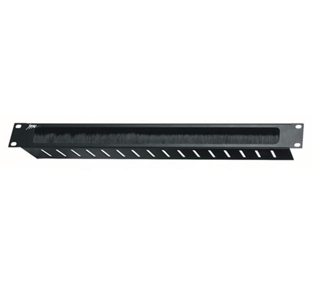 Black 1U panel with a brush grommet, featuring slotted ventilation holes on the side, designed for cable management in rack-mounted systems.