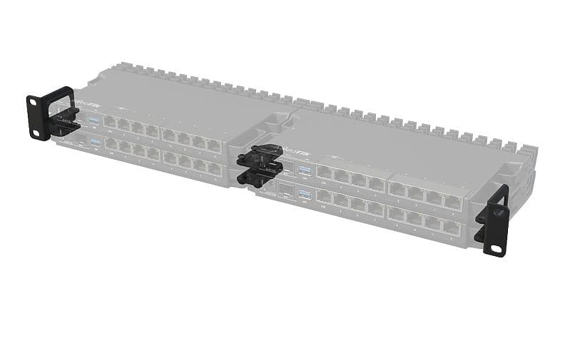 Black metal mounting kit designed for Mikrotik devices, featuring brackets for secure attachment and compatibility with multiple models, showcasing a sleek and durable design.