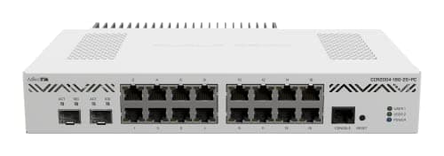 Mikrotik CCR2004-16G-2S+PC wired router in white, featuring 16 Gigabit Ethernet ports, two SFP+ ports, and a sleek, ventilated design for efficient cooling.