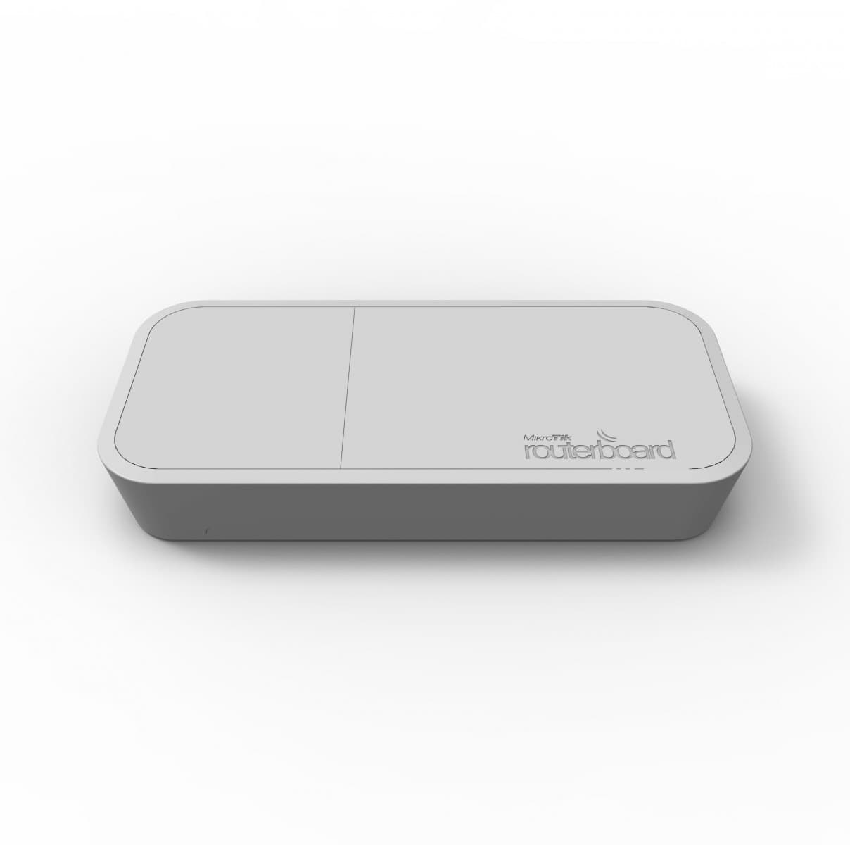 White rectangular Mikrotik FTC Network Media Converter with a smooth surface, featuring the Routerboard logo and two sections on the top for connectivity.