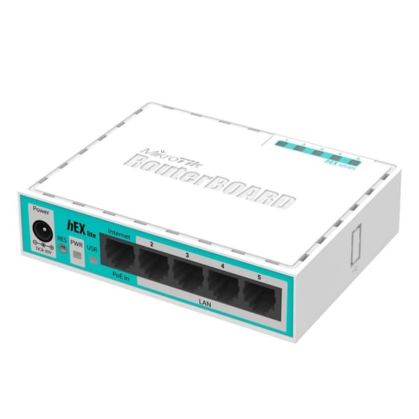 Mikrotik HEX Lite wired router in white, featuring five Ethernet ports, a power input, and a sleek design with blue accents and the "RouterBOARD" logo.