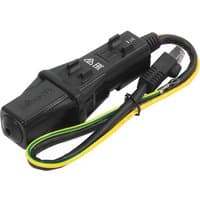 Black Mikrotik RBGESP surge protector with Ethernet ports and yellow-green grounding wire.