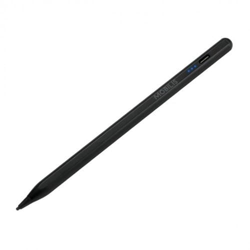 Black universal active stylus by Mobilis, featuring a sleek design, a fine tip for precise writing, and an LED indicator with charging port.
