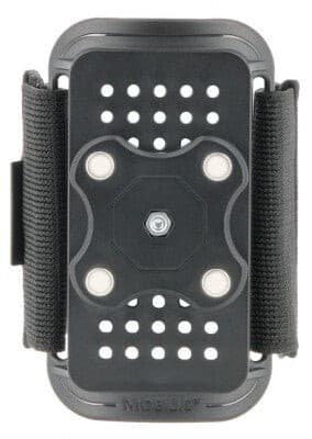 Black Mobilis 020012 Active Holder for handheld mobile computers features a sturdy design with a textured surface, adjustable straps, and multiple ventilation holes for secure attachment.