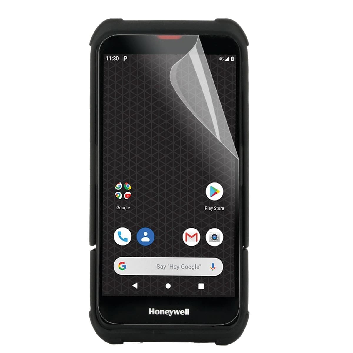 Clear screen protector applied to a black mobile phone with a rugged case, displaying a geometric pattern on the screen and app icons below.
