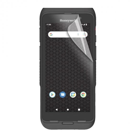 Clear screen protector applied to a black handheld mobile computer, featuring a geometric pattern background and visible app icons on the display.
