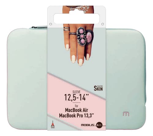 Grey and pink Mobilis laptop sleeve case, designed for 14" laptops, featuring a smooth exterior and a subtle logo, with a stylish tag showcasing a hand wearing rings.