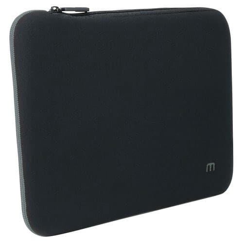 Black neoprene laptop case with a smooth texture, designed for 14-16 inch laptops, featuring a grey zipper and a subtle Mobilis logo on the front.