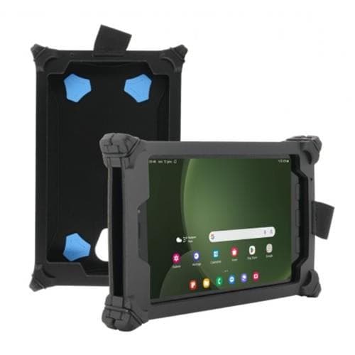 Black Mobilis 050064 tablet case for 8-inch devices, featuring a rugged design with blue corner grips and an open front for easy access to the screen and ports.