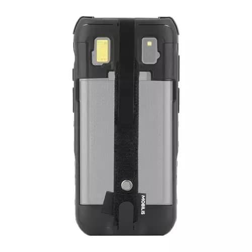 Black handheld mobile computer case with a textured surface, featuring a transparent back panel, secure strap, and cutouts for camera and ports.