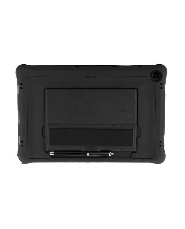 Black tablet holder designed for the Galaxy Tab A9+, featuring a textured back, a pen holder, and a secure slot for the tablet, made from durable materials.