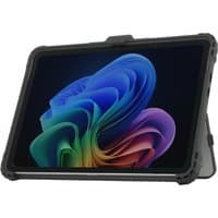 Black Mobilis 12" tablet case with rugged bumper design and foldable stand, displaying colorful screen.
