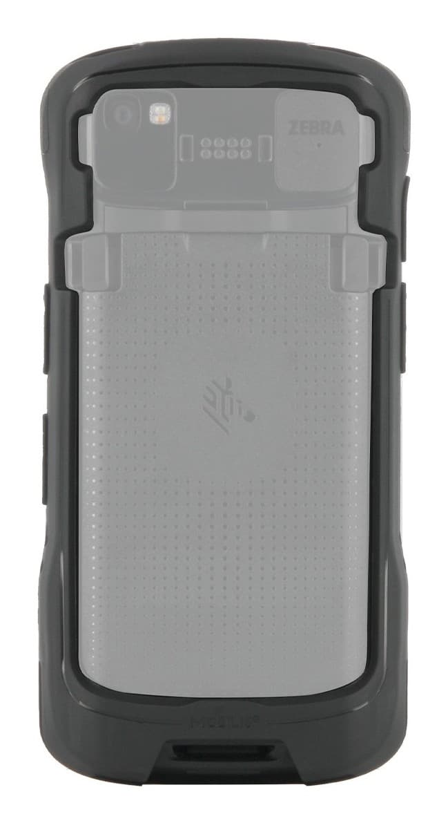 Handheld mobile computer case in black and gray, featuring a rugged design with textured grip, cutouts for camera and ports, and a secure fit for protection.