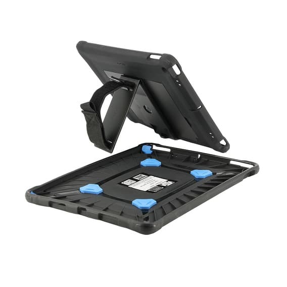 Black Mobilis 067004 tablet case with a sturdy design, featuring blue silicone corner grips, a built-in stand, and a textured back for enhanced grip.