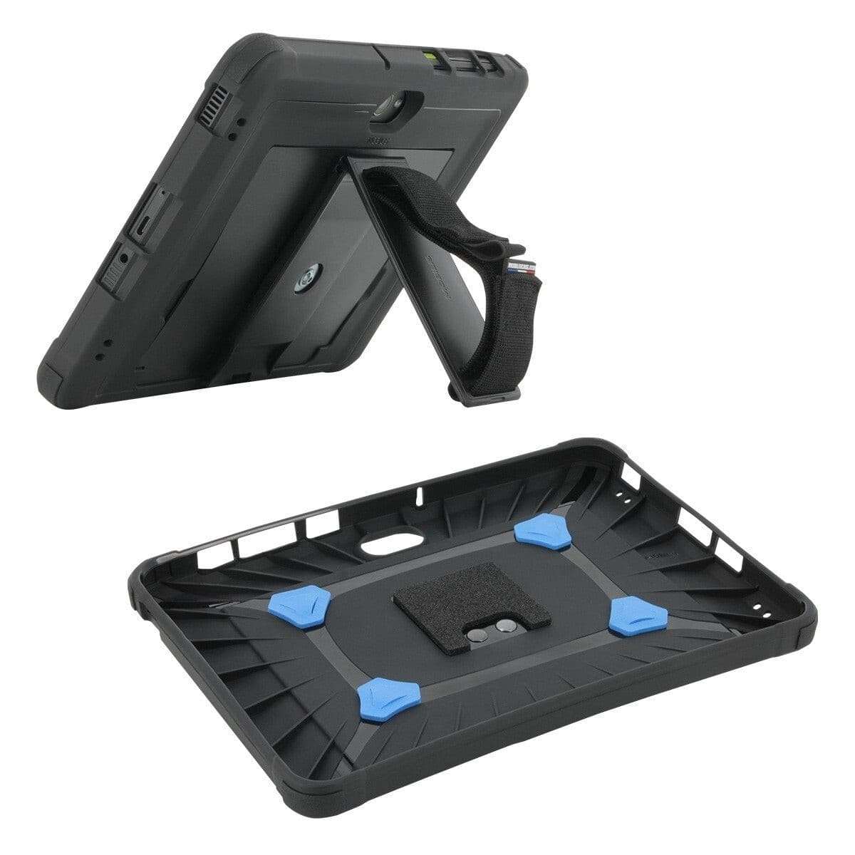 Black Mobilis tablet case designed for 10.1" devices, featuring a rugged exterior, adjustable strap, and blue corner grips for secure device placement.