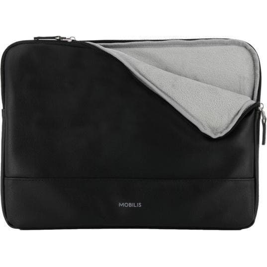 Black Mobilis Origine 2 laptop cover, 35.6 cm (14"), featuring a smooth exterior, soft gray lining, and a sleek zipper closure for secure storage.