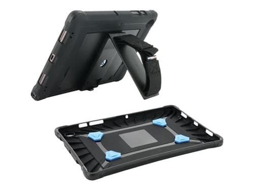 Black rugged case for iPad 11", featuring a 360° handstrap and kickstand, with blue accents and a textured grip for enhanced durability and usability.