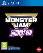 Monster Jam Showdown for PlayStation 4 features a bold yellow and purple logo on a black background, with a triangle design and age rating of 3+, highlighting its gaming credentials.