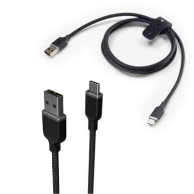 Black braided USB-C to USB-A charging cable with a flexible strap for organization, featuring durable connectors for enhanced longevity.