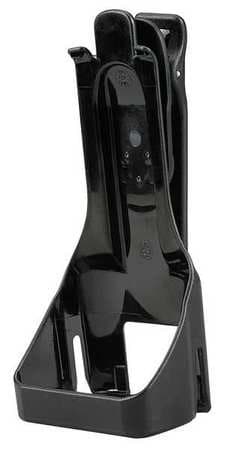 Black plastic Motorola holster designed to securely hold a device, featuring a sturdy back clip and a contoured shape for easy access and stability.