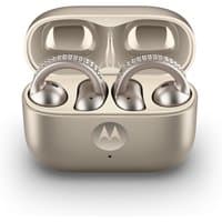 Beige Motorola moto buds loop wireless ear-clip-on headset in open charging case with logo.