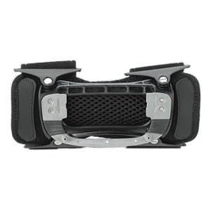 Black handheld mobile computer case featuring a durable design with mesh padding, silver metal accents, and adjustable straps for secure attachment.