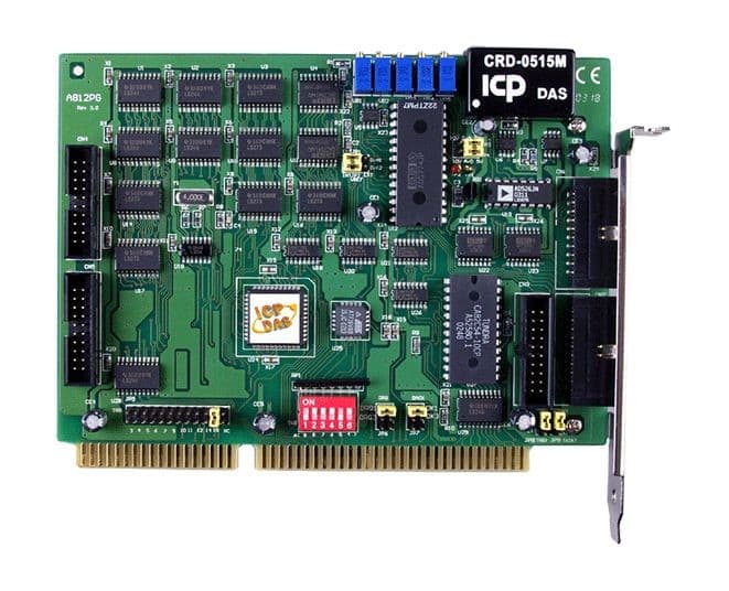 Moxa -812PG CR is a green circuit board with various integrated circuits, connectors, and a gold PCI interface, featuring blue and black components for connectivity.