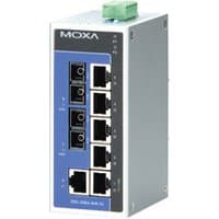 Moxa EDS-208A-MM-SC network switch, blue front panel, eight ports, silver casing, green terminal block on top.