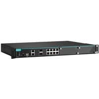 Black Moxa network switch with 16 Ethernet ports, 2 SFP slots, and rack-mount design.