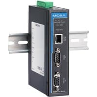 Black Moxa MGE 4101-M-PS industrial Ethernet switch with blue accents, two serial ports, and DIN rail mounting bracket.