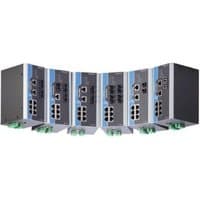 Moxa P-510-MM-SC-48 industrial Ethernet switch, black and blue casing, multiple ports, green terminal blocks.