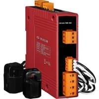 Red Moxa PM-3112-100-MCP CR module with orange terminal blocks and black connectors with white cables.