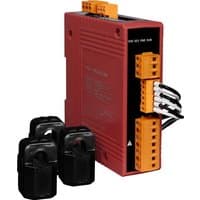 Red Moxa PM-3133-100 CR power meter with orange terminal blocks and black current transformers.